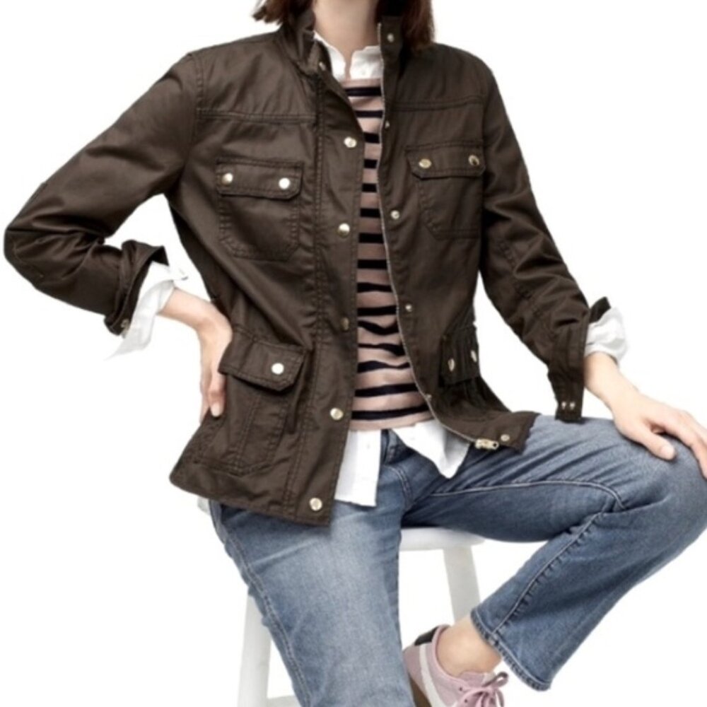 J Crew downtown field waxed jacket women XXS‎ green, zip snap button closer